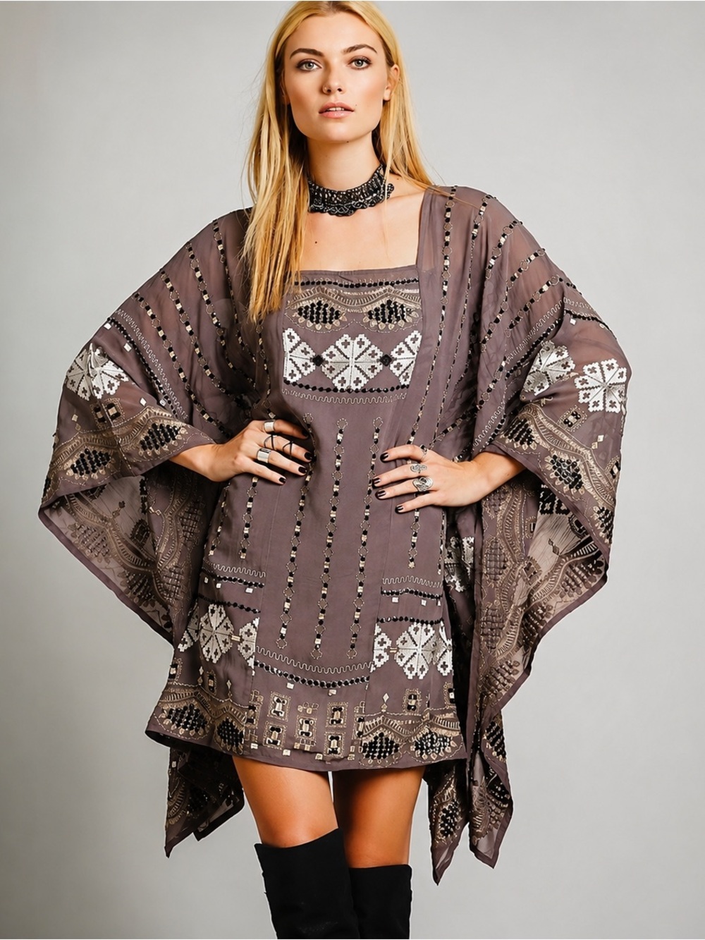 $398 Vintage Rare Free People Flared Sleeves Beadwork Embroidery Mini Dress XS/S